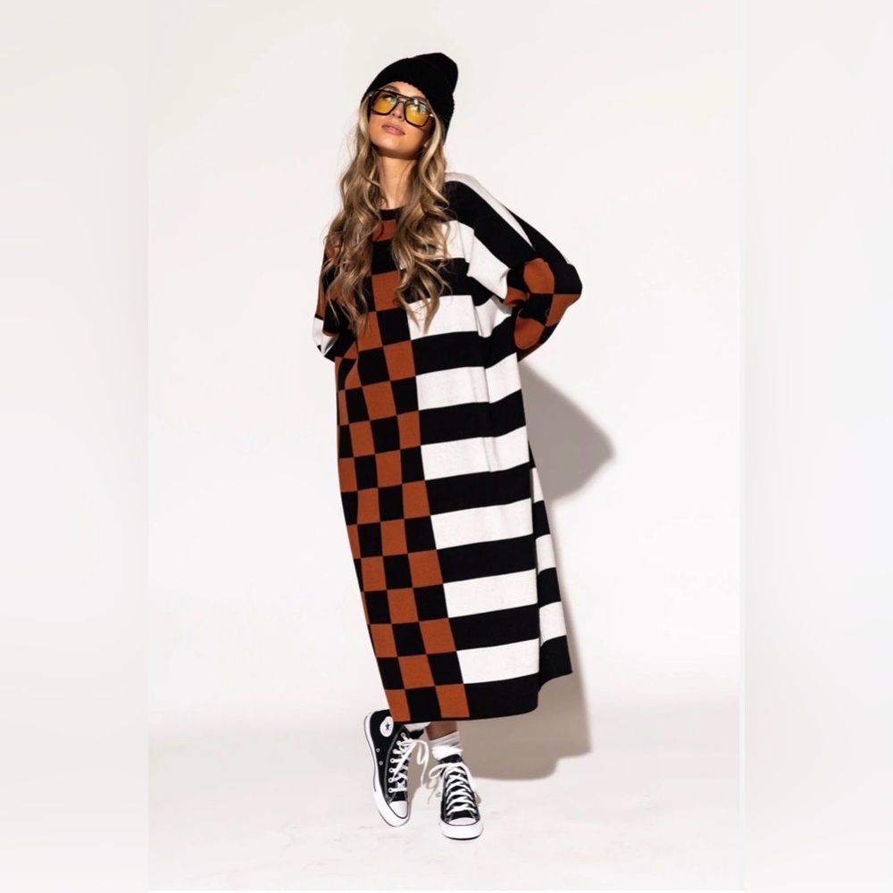 Dressed in LALA Black and Brown Checkered Long Sleeve Dress